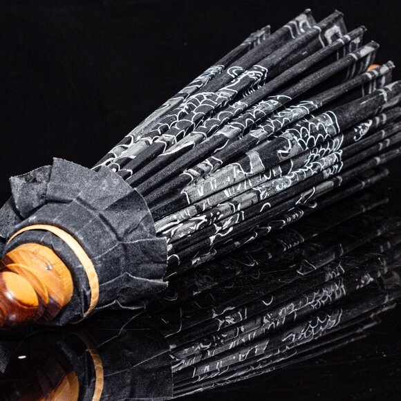 Vintage Chinese Black Paper Parasol With Silver Dragon Design - Picture 4 of 10